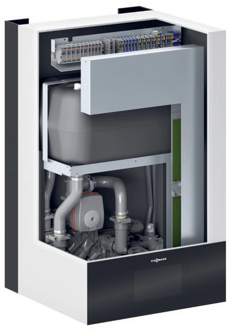 Jednostka wewnętrzna Viessmann IDU Comfort — widok hydrauliki i bufora c.o. 16 l.
