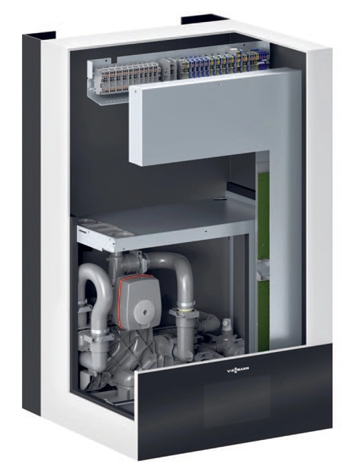 Wnętrze jednostki wewnętrznej Viessmann IDU Modular — widok hydrauliki i elektroniki.