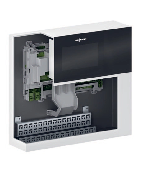Wnętrze modułu sterującego Viessmann IDU Controller — elektronika, panel obsługowy i listwy przyłączeniowe.