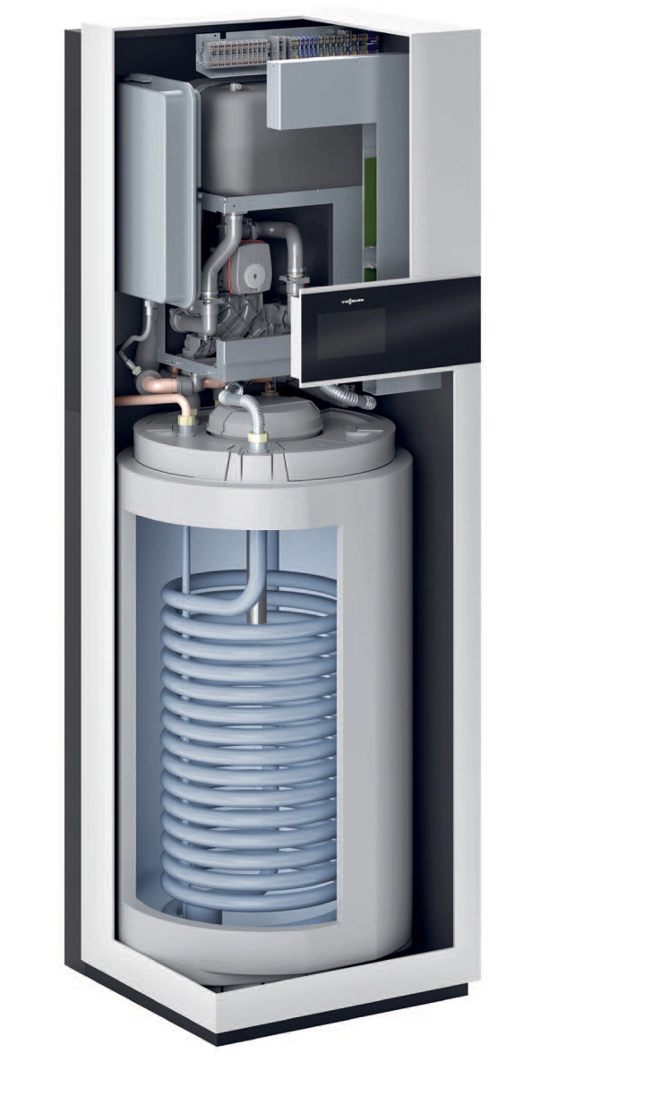 Przekrój jednostki wewnętrznej Viessmann IDU Compact — zasobnik c.w.u. 190 l, hydraulika i sterowanie.