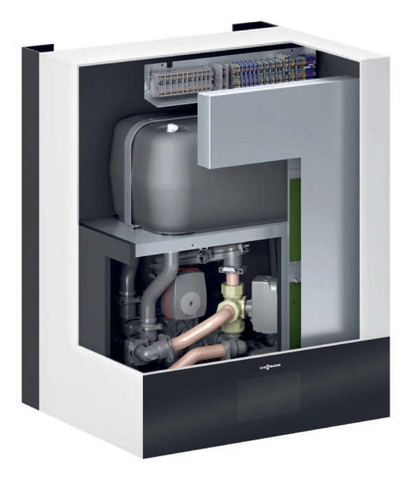 Przekrój jednostki wewnętrznej Viessmann IDU Hybrid — hydraulika, sterowanie i panel obsługowy.