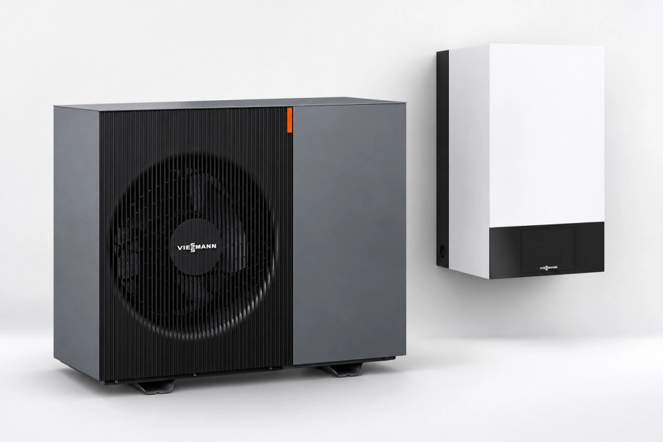 Pompa ciepła Viessmann Vitocal 200-A intelligent energy Comfort — jednostka zewnętrzna i jednostka wewnętrzna.