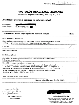 Zanonimizowany protokół KAWKA Plus z wpisem „Kotły c.o. – 1”, potwierdzającym likwidację kotła na paliwo stałe we Wrocławiu